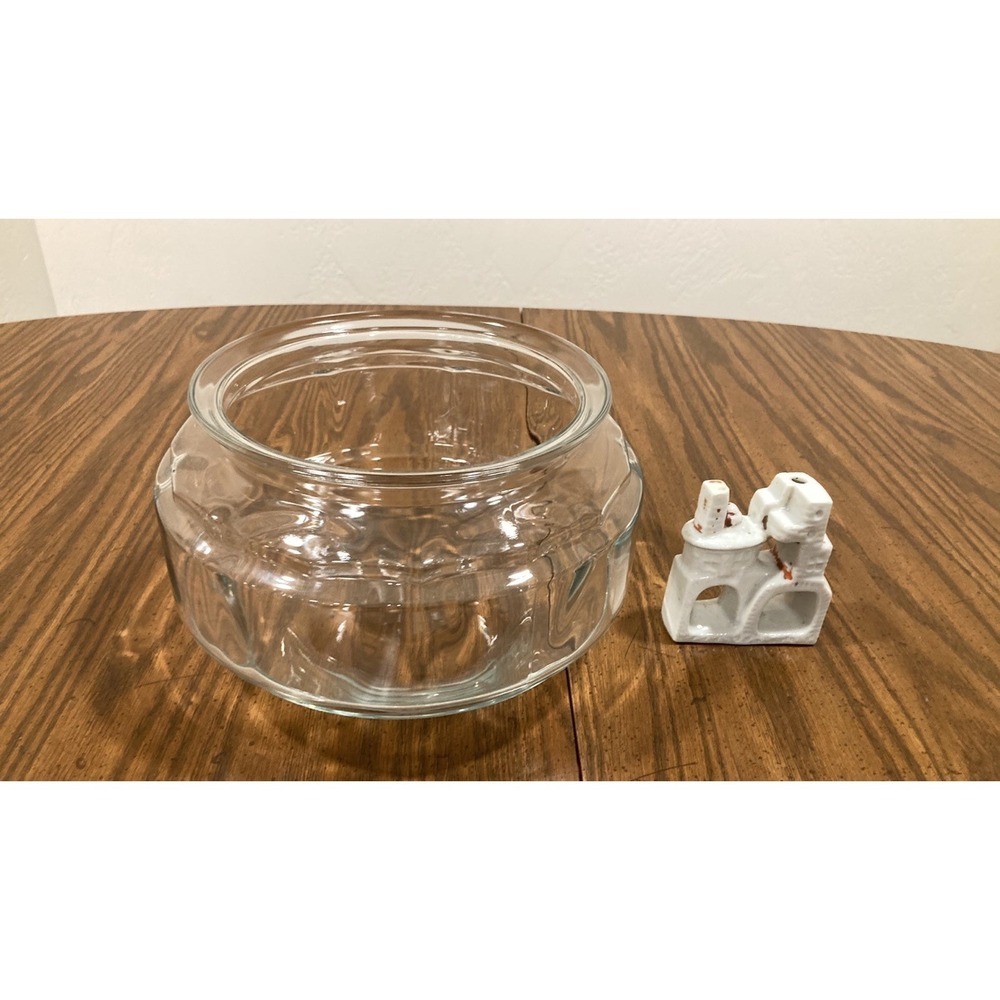Vintage Clear Glass Fish Bowl with Ceramic Castle Aquarium Ornament Set